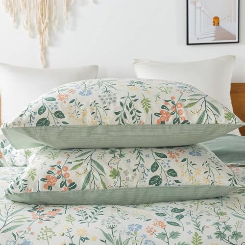Image of VM VOUGEMARKET Twin Duvet Cover Set 3 Pieces Sage Green Botanical Flower Duvet Cover with 2 Pillowcases Cottagecore Bedding Set 100% Cotton White Green Comforter Cover Without Filling