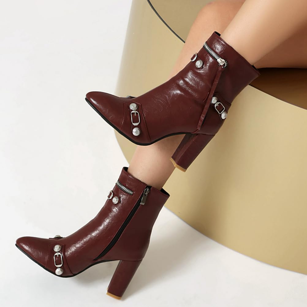 Donna Sexy Punta Appuntita Stivali alla Caviglia con Cerniera PU Cuoio Stivaletti con Rivetti Tacco Grosso Alto Chunky Stivali Punk