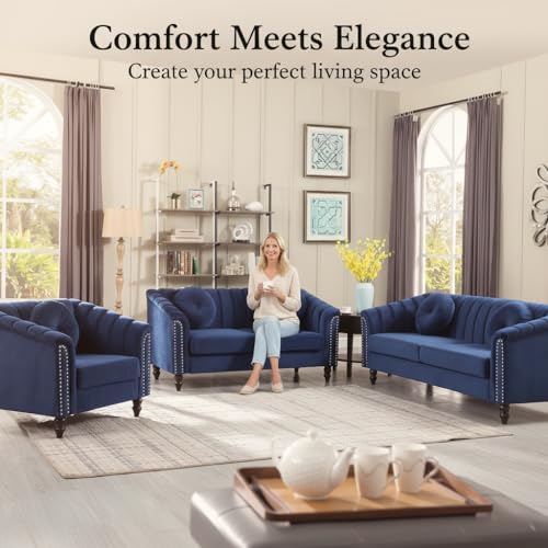 Image of Sofa and Loveseat Set, Microfiber Living Room Set with Wood Legs, 3 Piece Living Room Furniture, Modern 3-Seater Sofa + 2-Seater Loveseat + Accent Chair Sets, for Home Office, Blue