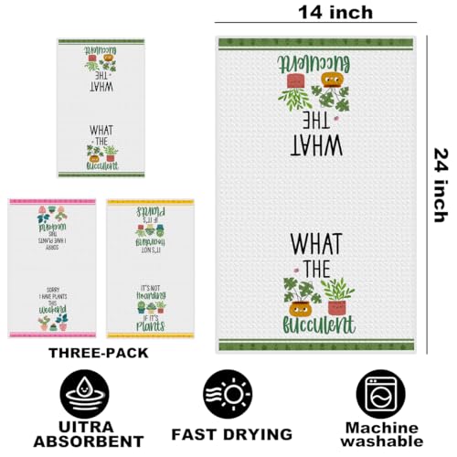 Image of 3 Pcs Funny Kitchen Towels, Plant Lover Gifts for Women Gardener Mom, Succulent Cactus Plant Gifts Dish Towel, Leaves Waffle Weave Hand Tea Towels for Kitchen Home Farmhouse Decor-24x14 Inch