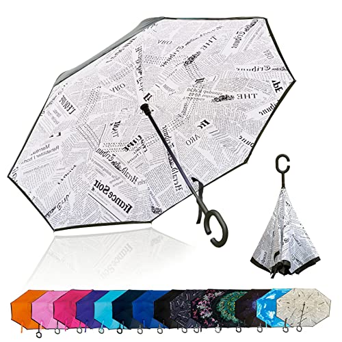 BYNDBYND 【逆さ傘】濡れない傘 自立できる傘 逆さに閉じる傘 遮光率99%のUVカット 晴雨兼用傘 男女兼用 選べる18種類 ギフトに最適 長傘 (白い新聞)