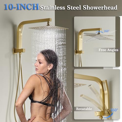 Image of Brushed Gold Shower System with 10Inch Rain Shower Heads with Handheld Spray Combo, Gold Shower Faucet Set with Rain Shower and Handheld, Gold Shower Head and Handle Set(Shower Valve Kit Included)