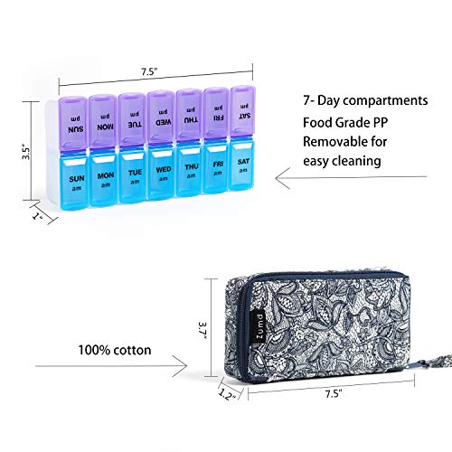 Image of Weekly Pill Organizer 2 Times a Day, Zumd Pill Box 7 Day with Cute Quilted Fabric Zipper Case, Travel Pill Case Am Pm for Vitamin Medicine Organizer