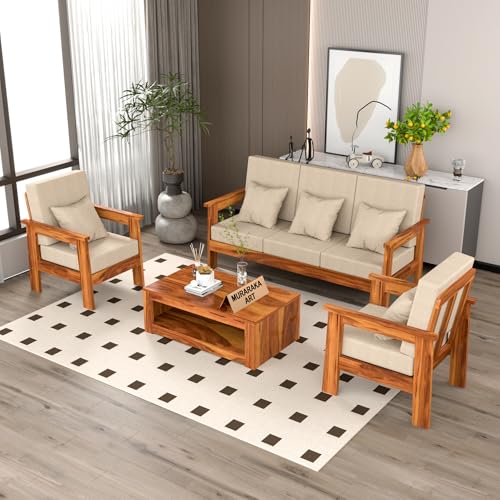 Image of Sheesham Wooden 5 Seater Sofa for Living Room | Solid Wood Sofa | Rosewood Sofa Set for Home & Office | Lounge (Honey, 3+1+1 Seater)