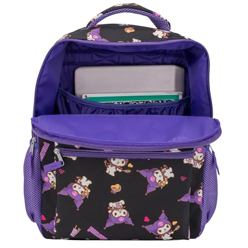 Image of AI ACCESSORY INNOVATIONS Hello Kitty 16 inch Backpack With Front Pocket for Girls, Allover Print Bookbag featuring Kuromi, Black
