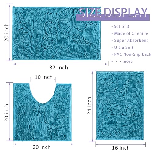 Image of Bathroom Rugs Bath Mats for Batroom Chenillen Bath Rug Set 3 Piece Non-Slip Bath Mats, Absorbent Shaggy Rugs, Machine Wash, Perfect Plush Bathroom Mats, Bathroom Carpets Set Teal Blue