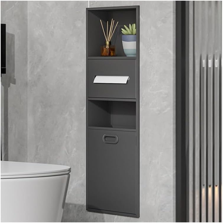 Mensola da parete per bagno e cucina, in acciaio inox, con cestino, grigio, 30 x 86 x 14 cm, perfetta per hotel e case, soluzione salvaspazio