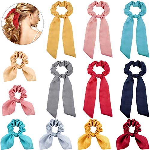 12 Pieces Satin Hair Scrunchies Ribbon Bow Scarf Hair Ties Includes 6 Pieces Satin Hair Scarf, 6 Pieces Bunny Ear Elastic Scrunchies for Women Girls