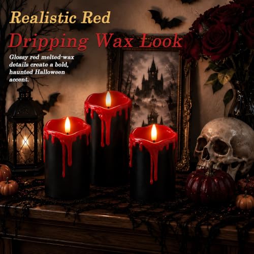 Image of Homemory Black Red Drip Real Wax Flameless Candles, Remote Timer, Set of 3