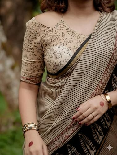 Image of Linen Saree for Women with Blouse Piece | Premium Soft Linen Cotton Saree | Lightweight Printed Traditional & Casual Wear Saree with Contrast Border