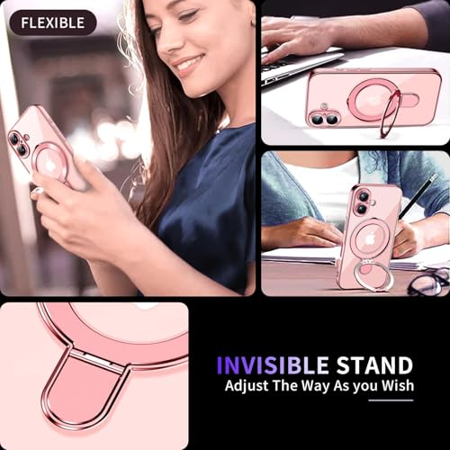 Image of Magnetic for iPhone 16 Plus Case with Invisible Stand[Compatible with MagSafe][Full Camera Lens Protector][Military Drop Protection] Shockproof Not Yellowing Clear Slim Soft for Women Men
