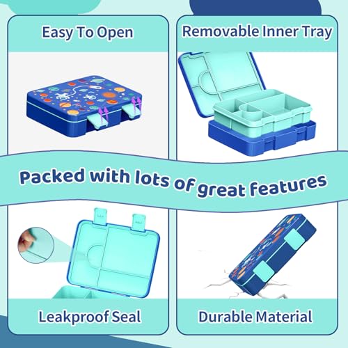 Image of Bento Lunch Box for Kids, Leak-Proof 5-Compartment Cute Lunchbox for Boys Girls, Drop-Proof, Food Container Microwave & Dishwasher Safe, Back to School Supplies for Ages 3 to 7, Blue /Astronaut