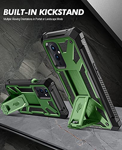 Image of Poetic Spartan Series Designed for OnePlus 9 5G Case, Full-Body Dual-Layer Metallic Color Accent with Premium Leather Texture Shockproof Protective Cover with Kickstand, Metallic Green