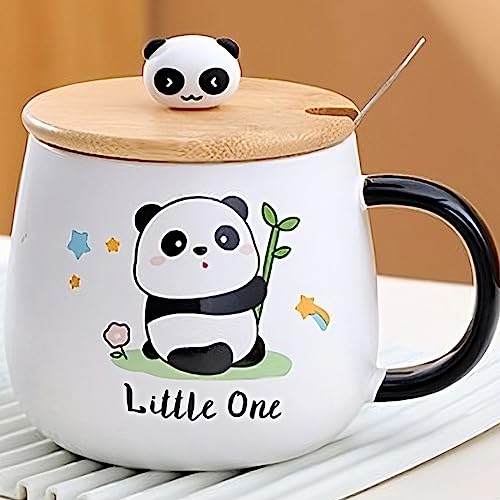 Image of BonZeal Ceramic Panda Mug Set - 4 Tea Coffee Cups With Lid and Spoon - Birthday, Christmas, New Year Gift for Kids, Friends, Secret Santa - 400 ml