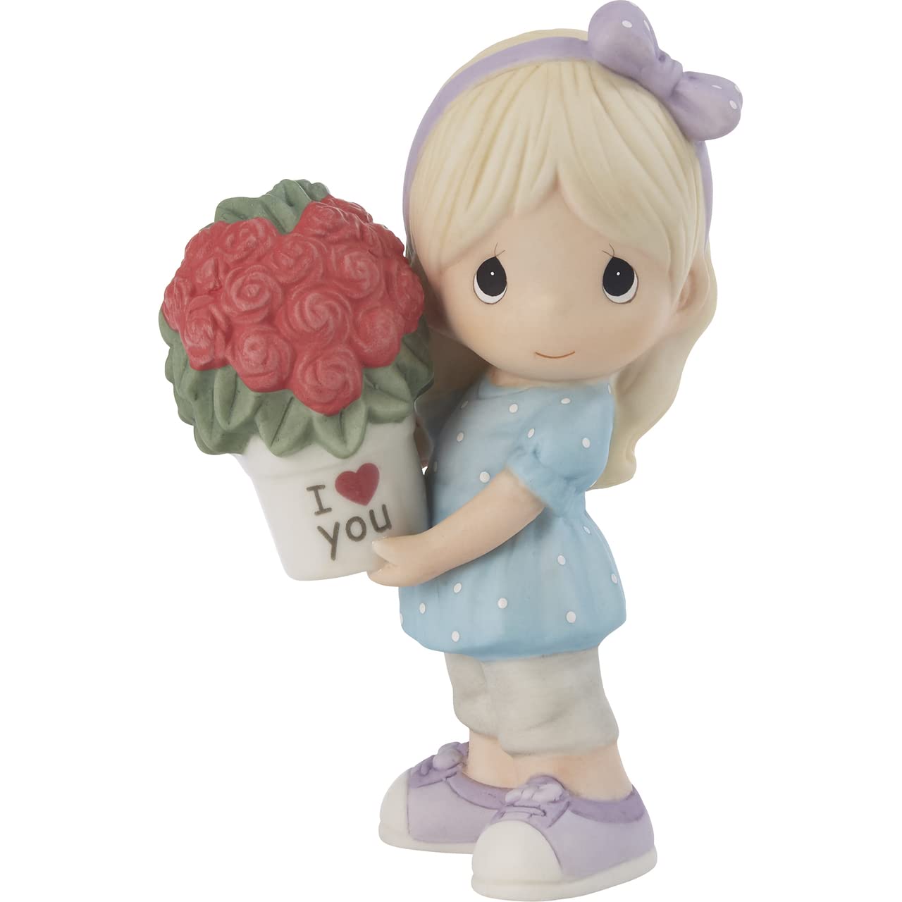 Precious Moments Girl Holding Flower Pot with Heart-Shaped Rose Bouquet Figurine - Blonde