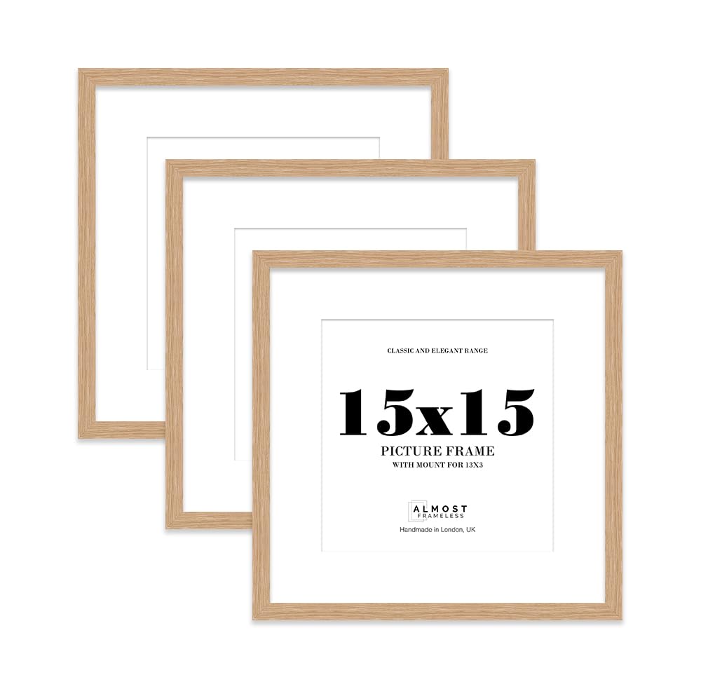 15x15 Oak Picture Frame with Mount for 13x13 Photos, Prints - Modern Square Wall Frame, Set of 3