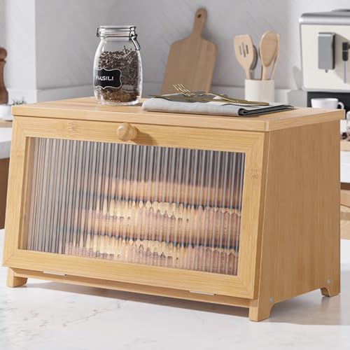 Kitsure Wooden Bread Box for Kitchen Countertop, 1-Tier, Bamboo | Large Capacity Kitchen Countertop Organizer, Stylish Bread Storage with Window, Multi-functional Container