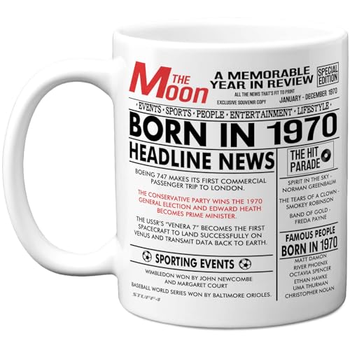 Stuff4 55th Birthday Mug Gift for Men Women - Born in 1970 Newspaper - Happy 55 Birthday Gifts for Mum Dad Uncle Aunt Vintage Retro Back in 1970 Age Fifty-Five Bday, 11oz Ceramic Coffee Mugs