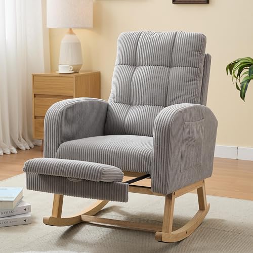 GAFFERIT Accent Rocking Chair with Solid Wood Legs, Teddy Fabric Upholstered Nursery Glider Rocker Chair with Footrest & High Backrest, Comfy Lounge Armchair with Side Pocket (Grey-Velvet)