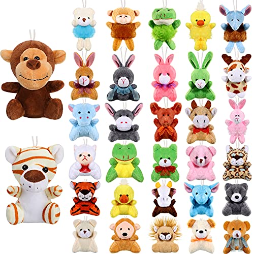 32 Pieces Mini Plush Animal Toys Small Safari Stuffed Toys Animals Cute Plush Keychain Animals Decoration for Birthday Teacher Student Award Themed Party Favors (Monkey, Tiger)