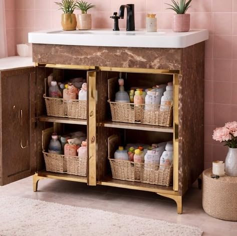 Image of hd Glass Bathroom Vanity Cabinet with Ceramic Basin, Grey Marble Finish, Gold Accents, 1 Door & 2 Drawers (1)