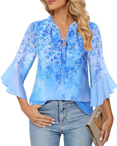 Lotusmile Women's Dressy Casual or Work Business Blouses Trendy Ruffle Neck Shirts 3/4 Sleeve Chiffon Tops3