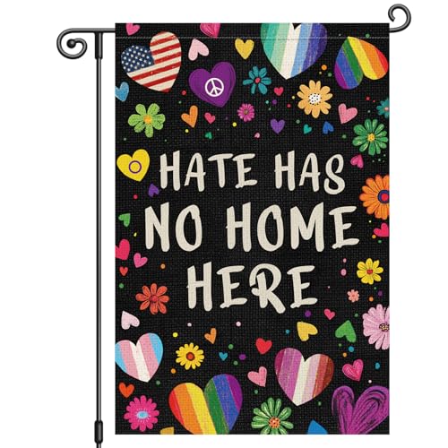 Louise Maelys Rainbow Pride Month Garden Flag Hate Has No Home Here 12x18 Inch Double Sided Small Burlap Floral Gay Lesbian LGBTQ Yard Outdoor Sign Outside Home House Decor