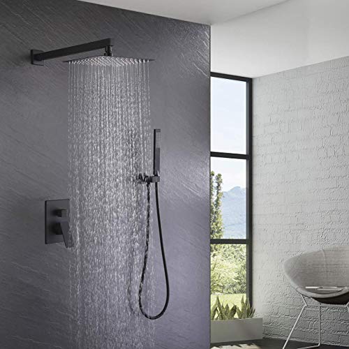 KES Shower Faucets Sets Complete Matte Black Shower System 10 Inches Rain Shower Head with Handheld Shower Valve and Trim Kit Pressure Balance, XB6230-BK