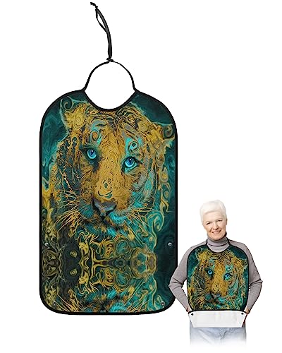 Tiger Oil Painting Adult Bibs for Eating, Waterproof Bibs with Food Catcher & Adjustable Snap Closure, Art Abstract Paint Marble Texture Washable Clothing Protectors Adult Bibs for Elderly Women/Men