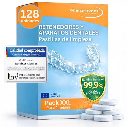 Oral Prevent Retainer Cleaner Tabletas Limpiadoras (128 uds) - Pastillas Limpieza Ferula Dental - Limpiador Ferula Dental - Invisalign - Menta fresca