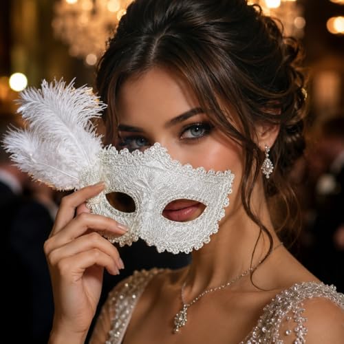 Image of Wanna Party White Glitter Masquerade Eye Mask with Feather | Elegant Costume Party Accessory for Halloween, Carnival, Theme Party & Celebration Events | Lightweight Fancy Dress Mask