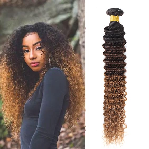 Datanala Deep Wave Ombre Human Hair Bundles Brazilian Virgin 12A Grade 100% Unprocessed Deep Curly 1 Bundle Dark Roots Human Hair Extension P1B/4/30 For Women(16Inch Deep Wave 1 Bundle)