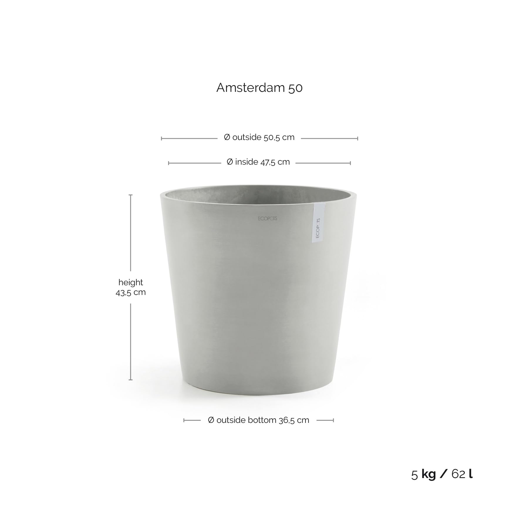 Ashortwalk ECOPOTS Ámsterdam - Maceta de plástico reciclado (50 x 44 cm), blanco