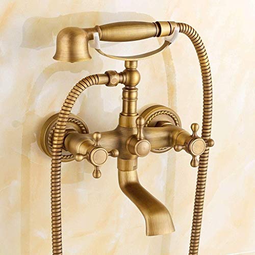 Robinet de baignoire mural double commande et douche laiton antique