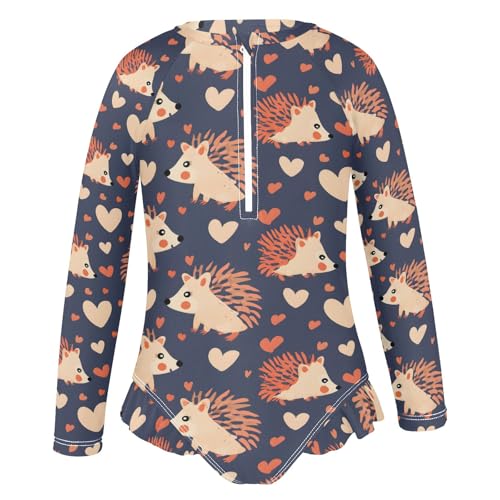 Hedgehog and Love Girls Long Sleeve Swimsuit Rash Guard One Piece Bathing Suits Zipper 3-12T2