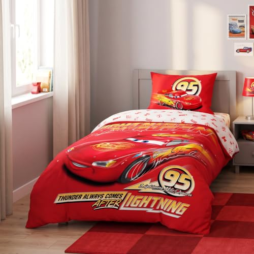 Disney Cars zestaw pościeli dwustronnej | Lightning McQueen | poszewka na kołdrę 140 x 200 cm + poszewka na poduszkę 50 x 70 cm, miękka, oddychająca, pościel dziecięca, oficjalna pościel Disney Cars