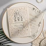 WISHMADE 50Pcs Elegant Flora Laser Cut Hollow Wedding Invitation, Ivory Laser Cut Wedding Invitations Kit For Engagement Bridal Shower Baby Shower Birthday Party