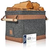 OAKAGE® Holzkorb für Kaminholz Groß [Schmutzabweisendes Innenfutter und Lederboden] Kaminholzkorb Feuerholzkorb Brennholzkorb Kaminkorb Filzkorb | Korb Dunkelgrau