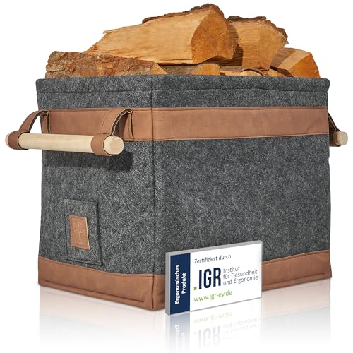 OAKAGE® Holzkorb für Kaminholz Groß [Schmutzabweisendes Innenfutter und Lederboden] Kaminholzkorb Feuerholzkorb Brennholzkorb Kaminkorb Filzkorb | Korb Dunkelgrau