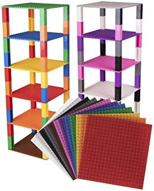 Premium Rainbow Stackable Base Plates - 12 Pack 15.24 x 15.24 cm Baseplate Bundle with 80 Rainbow Stackers 5.1 x 1.5 cm - Compatible with All Major Brands - Tower Construction