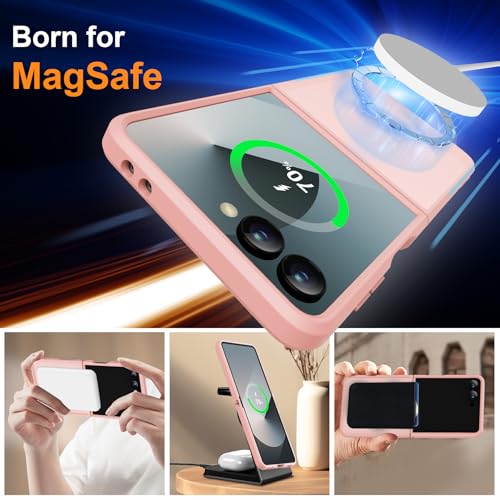 Image of ORETECH Magnetic for Samsung Galaxy Z Flip 7 Case, with [2 x Screen Protector] Translucent Back Non-Slip Hard PC Shockproof Bumper Protective Case for Samsung Z Flip 7 - Light Pink