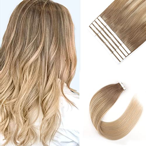 Image of Sixstarhair Tape in Hair Extensions Balayage Hair Made Of 100 Human Hair Balayage Tape In Extensions Ombre Ash Brown Fading to Dirty Blonde Highlight Ash blonde [B8-18-60 22inch]