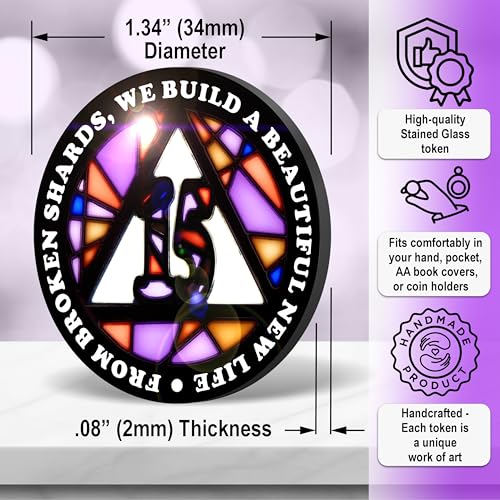 Image of Stained Glass 15 Year AA Chip Sobriety Coin Medallion, Fragments to Freedom Alcoholics Anonymous Addiction Recovery Anniversary Token, Inspirational Sober Gifts for Men and Women by the Token Shop