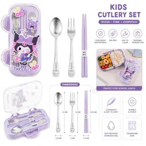 Image of Kids Cutlery Set with Box | Stainless Steel Spoon /Fork /Chopsticks | BPA-Free Food Grade Portable Lunch Utensils for School, Travel, Picnic & Camping