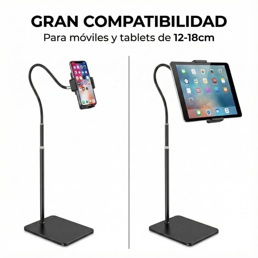 Soporte de Suelo para Tablet y Móvil 135cm Cuello de Cisne Flexible 360° Base Estable Universal Compatible con iPad Pro Air Mini Samsung Galaxy Tab iPhone Switch 12-18cm