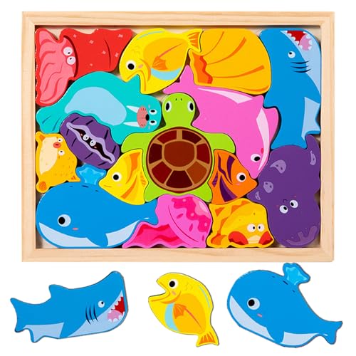 木製パズル 型はめパズル 子供向け 木製おもちゃ モンテッソーリ玩具 子供用 知育玩具 形合わせ 恐竜パズル 乗り物パズル 記憶力トレ 色彩感覚 図形認識 指先訓練 新年 誕生日 ご入園祝い クリスマス プレゼント (A海洋生物)