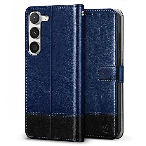 Image of FLIPPED Vegan Leather Flip Case Back Cover for Samsung Galaxy S23 5G (Flexible, Shock Proof | Hand Stitched Leather Finish | Card Pockets Wallet & Stand | Blue with Black)