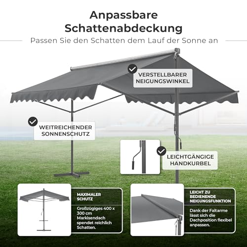 pro.tec Standmarkise Selenizza freistehende Markise 400x300x260cm Gartenmarkise Sonnenschutz Terrassenüberdachung Outdoor Terrasse Garten Balkon Dunkelgrau