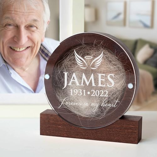 Image of Personalized Keepsake for Bereavement Gift, Lock of Hair Memorial, Sympathy Gift for Loss of Mother, Grandmother, Dad, Daughter, Son, Mom, Clear Lid (Dark Wood Round)