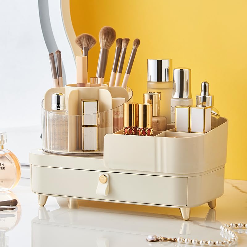 Rotating Makeup Organizer with Drawer Makeup Countertop Organizer for Vanity with Makeup Brush Holder Cosmetic Display Case Storage for Lipstick Facial Mask Perfume (Strip Handle)